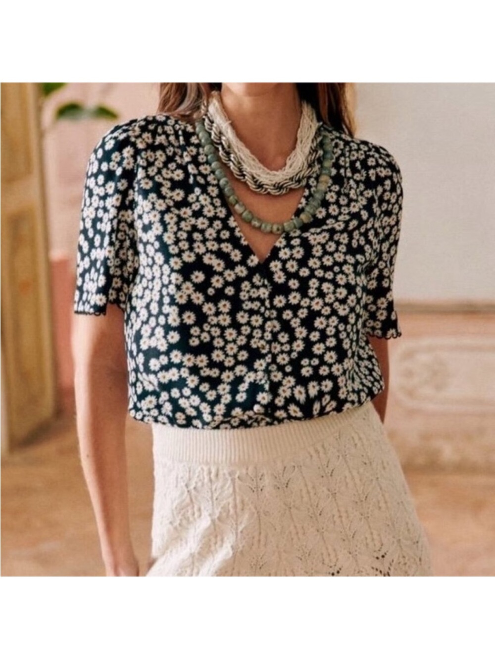 Sezane 34(2) Indira daisy print floral button short sleeve blouse softgirl retro - Picture 2 of 13